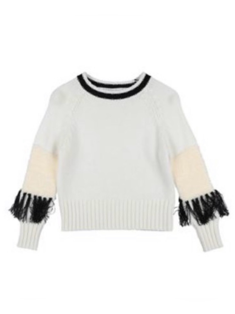 Partizia Pepe Kids Girls Wool Knit Fringe Sweater, White/Black, 10Y (L)